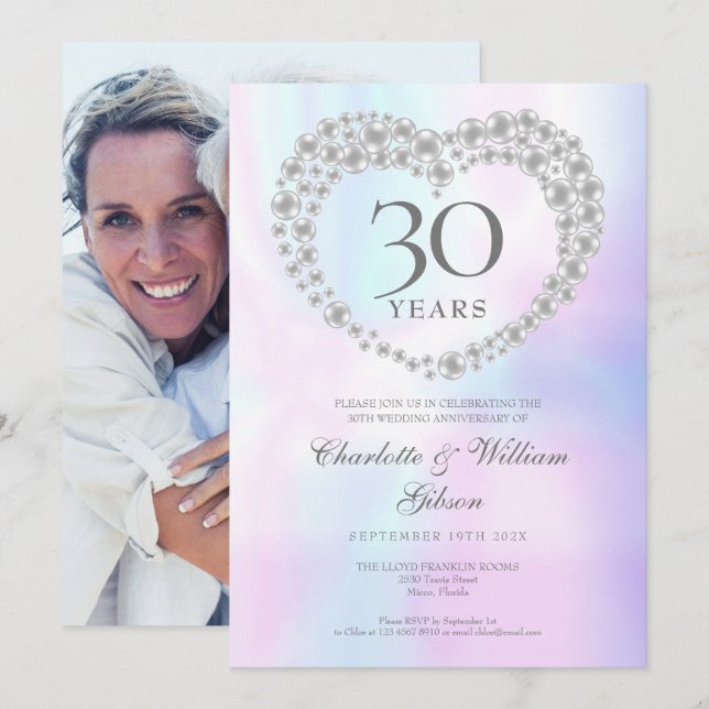 Invitation Chic Pearl Heart Photo 30th Anniversary (Devant / Derrière)