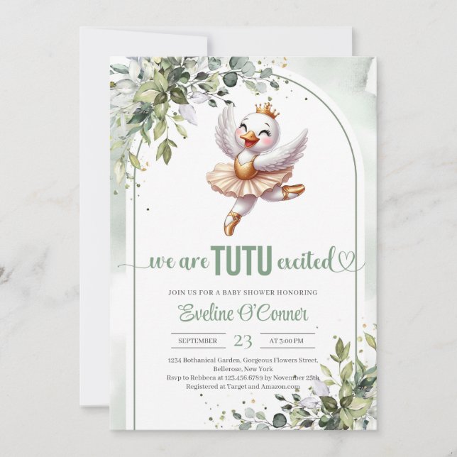 Invitation Chic petit cygne avec robe tutu or eucalyptus (Devant)