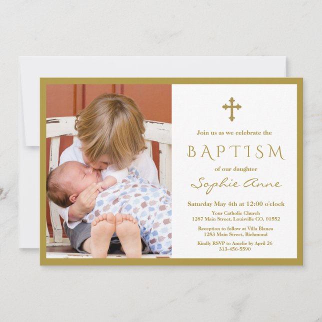 Invitation Chic Photo Boy Gold Cross Baptême (Devant)