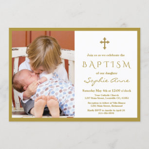 Invitation Chic Photo Boy Gold Cross Baptême