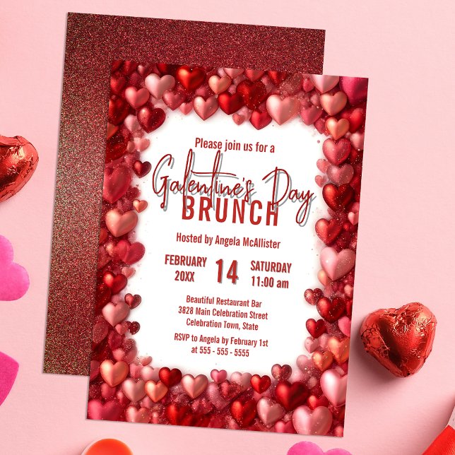 Invitation Chic Pink and Red Hearts Brunch de la Saint-Galent (Créateur téléchargé)