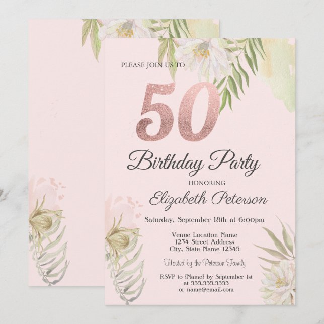 Invitation Chic Pink Boho Floral 50e fête d'anniversaire (Devant / Derrière)