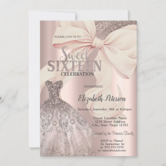 Invitation Chic Pink Bow Glitter Dress Rose Gold Sweet 16