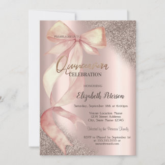 Invitation Chic Pink Bow Glitter Rose Gold Quinceañera