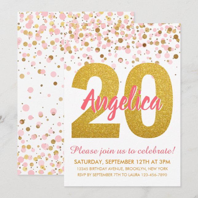 Invitation Chic Pink Gold Parties scintillant Confetti Fille  (Devant / Derrière)