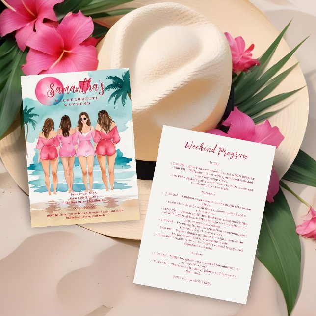 Invitation Chic Pink Tropical Landscape Brunettes Girl (Chic Pink & Blue Shades Tropical Landscape Brunettes Girls Bachelorette Weekend Invitations Cards. )