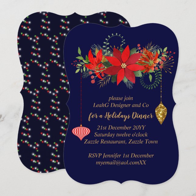 Invitation Chic Poinsettia Noël Bleu Rouge Or Moderne (Devant / Derrière)
