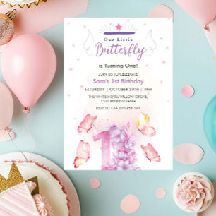 Invitation Chic Premier Anniversaire Purple Floral & Papillon