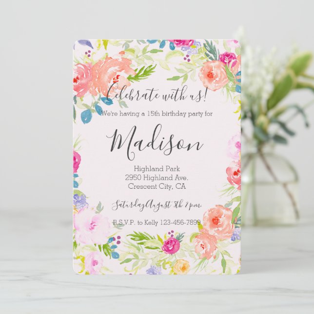Invitation Chic Pretty Peach Rose Aquarelle d'anniversaire Fl (Debout devant)