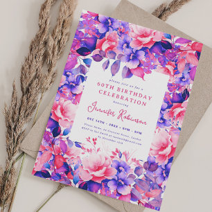 Invitation Chic Purple Aquarelle Florale 60e fête d'anniversa