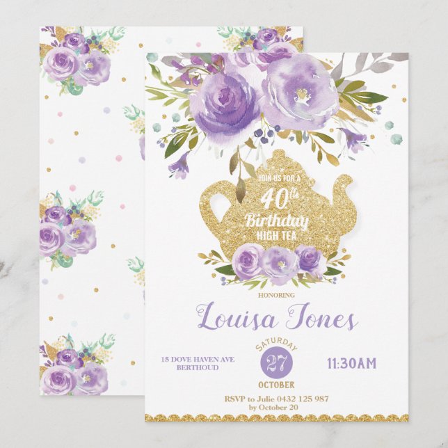 Invitation Chic Purple Floral 40e anniversaire Tea Party N'IM (Devant / Derrière)