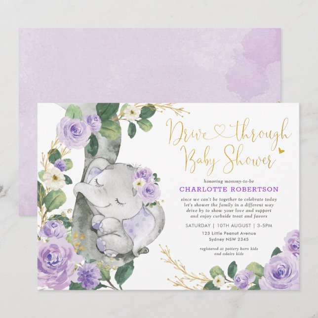 Invitation Chic Purple Floral Elephant Drive Par Baby shower (Devant / Derrière)