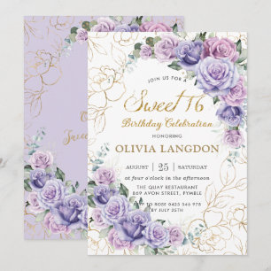 Invitation Chic Purple Lilac Lavender Roses Sweet 16 Annivers