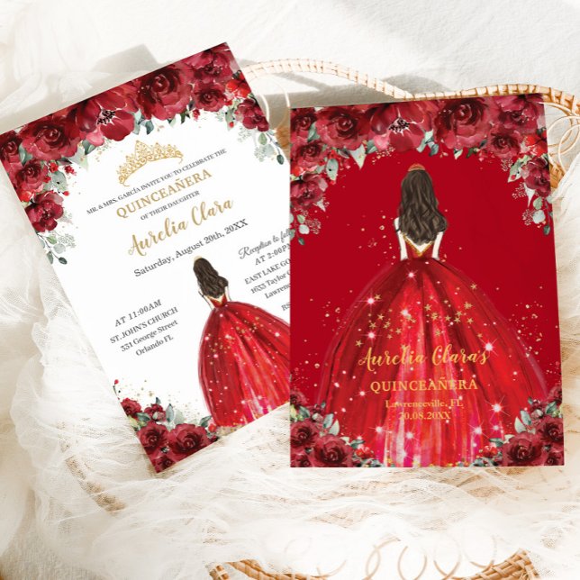 Invitation Chic Quinceañera 15e princesse Rose de Flore Rouge (Créateur téléchargé)