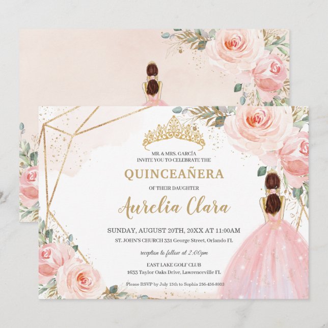 Invitation Chic Quinceañera Blush Rose Floral Tiara Anniversa (Devant / Derrière)