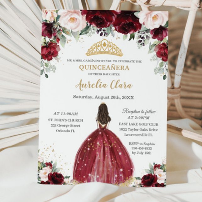 Invitation Chic Quinceañera Bourgogne Blush Floral Princesse (Créateur téléchargé)