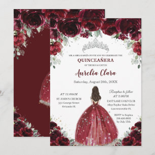 Invitation Chic Quinceañera Bourgogne Florale Princesse Argen