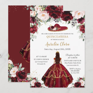 Invitation Chic Quinceañera Burgundy Blush Floral Charro Casq