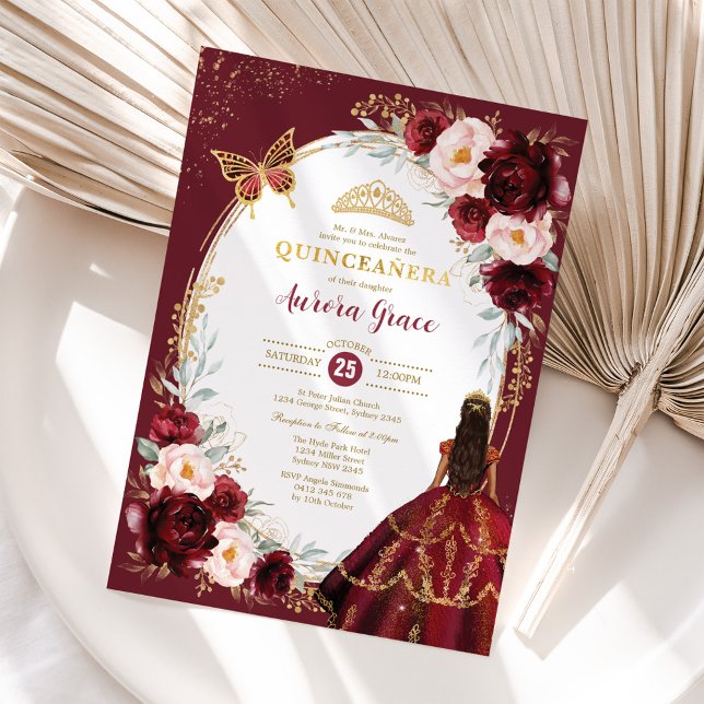 Invitation Chic Quinceañera Burgundy Blush Floral Papillon (Créateur téléchargé)
