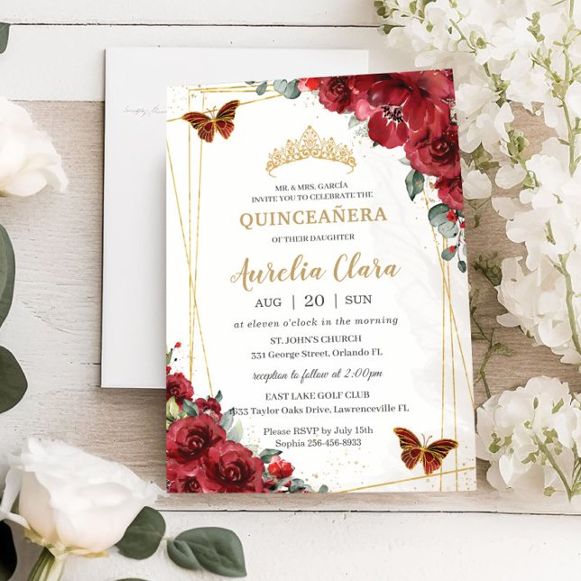 Invitation Chic Quinceañera Fleurs rouges Floral Papillon or (Créateur téléchargé)