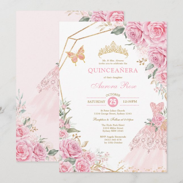 Invitation Chic Quinceañera Gold Rose Couronne princesse (Devant / Derrière)