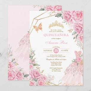 Invitation Chic Quinceañera Gold Rose Couronne princesse