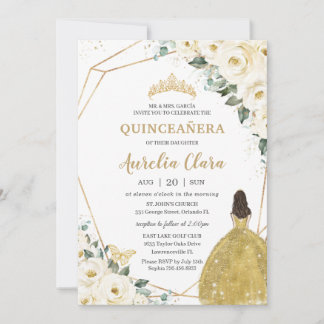 Invitation Chic Quinceañera Ivory White Floral Gold Princess