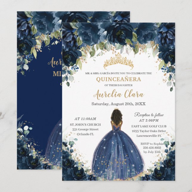 Invitation Chic Quinceañera Marine Bleu Floral Brown Princess (Devant / Derrière)