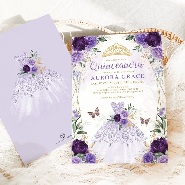 Invitation Chic Quinceañera Princesse robe violet Floral (Créateur téléchargé)