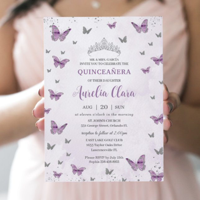 Invitation Chic Quinceañera Purple Lilac Papillons Argent (Créateur téléchargé)