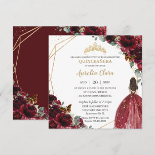 Invitation Chic Quinceañera Riche Bourgogne Rouge Floral Tiar