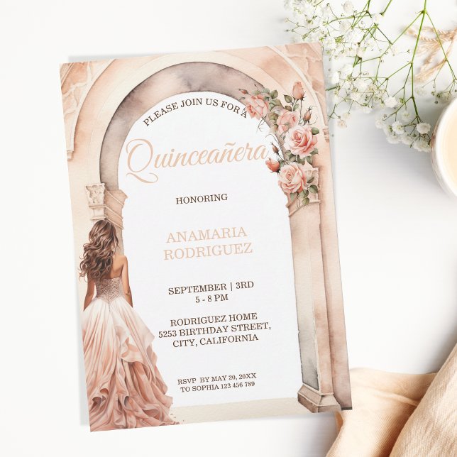 Invitation Chic Quinceañera robe blush Arch floral (Créateur téléchargé)