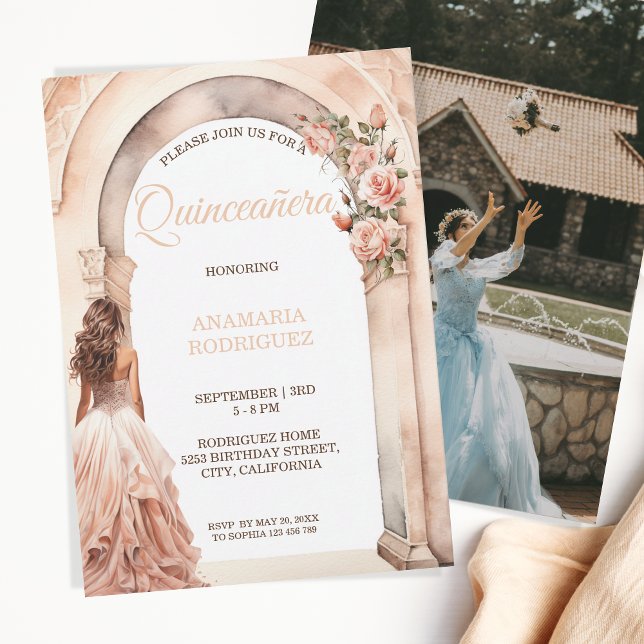 Invitation Chic Quinceañera robe blush Arch floral Photo (Créateur téléchargé)