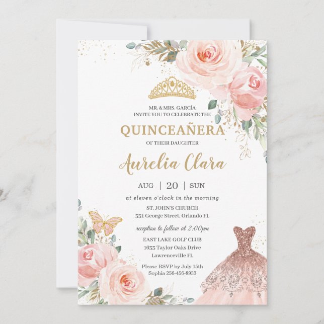 Invitation Chic Quinceañera Robe florale rose pâle Anniversai (Devant)