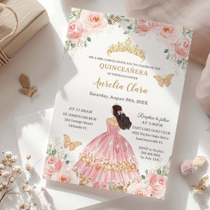 Invitation Chic Quinceañera Rose Pâle Floral Or Princesse