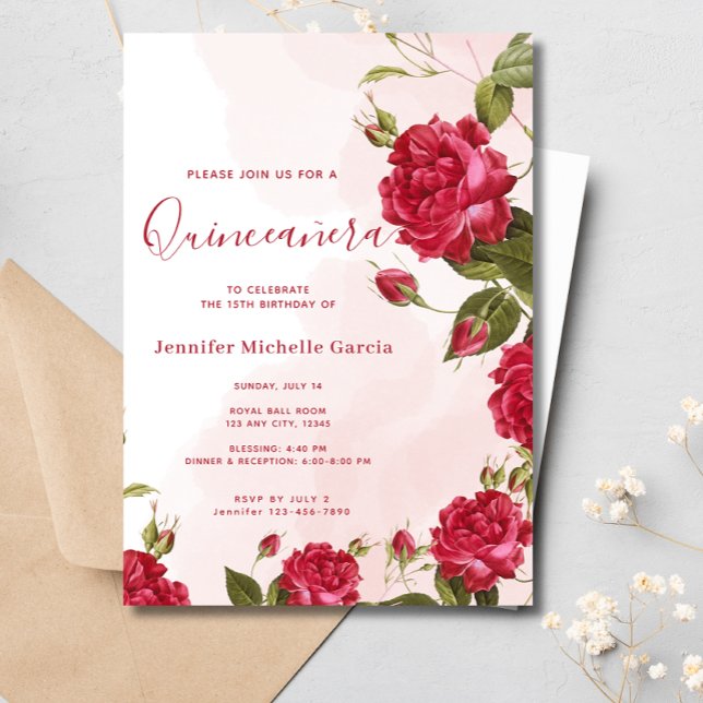 Invitation Chic Quinceañera Roses rouges Floral Princesse (Créateur téléchargé)