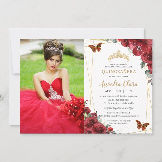 Invitation Chic Quinceañera Rouge Floral Papillons en or Phot (Devant)