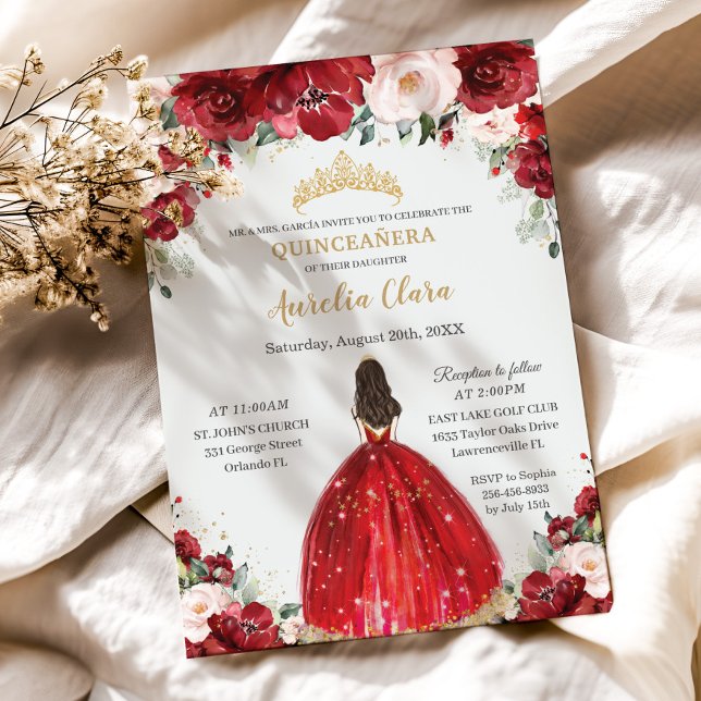 Invitation Chic Quinceañera Rouge rose rose florale princesse (Créateur téléchargé)