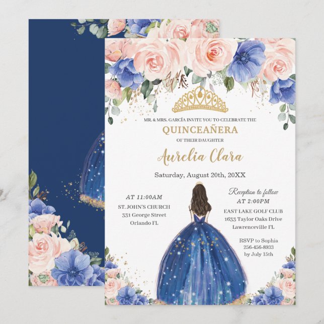 Invitation Chic Quinceañera Royal Blue Blush Floral Princess (Devant / Derrière)