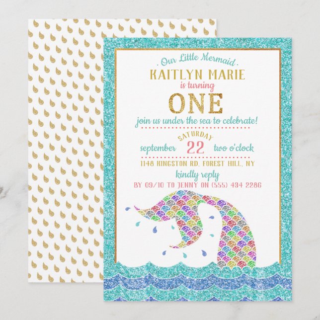 Invitation Chic Rainbow Parties scintillant Mermaid 1er anniv (Devant / Derrière)