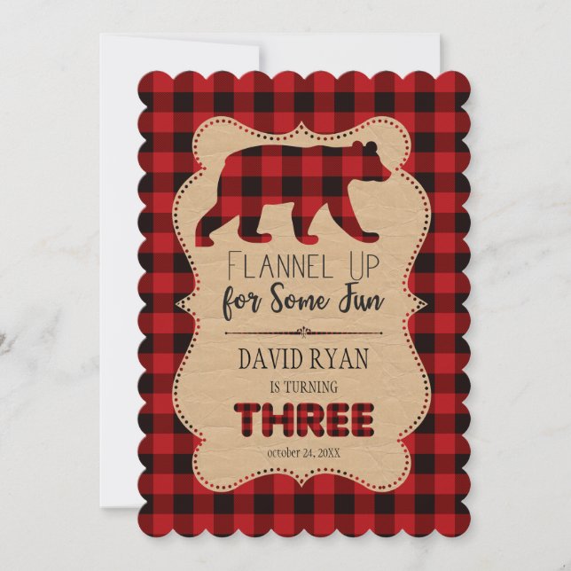 Invitation Chic Red Buffalo Plaid Birthday TROIS Custom (Devant)