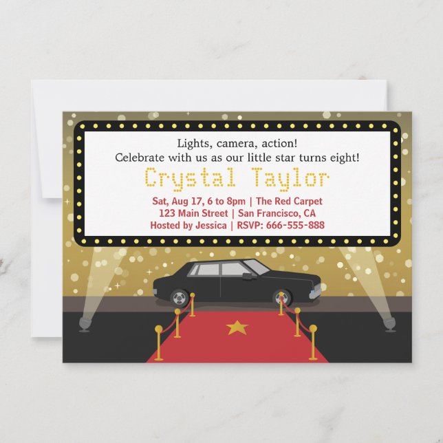 Invitation Chic Red Carpet Glam Hollywood Party Fille Anniver (Devant)