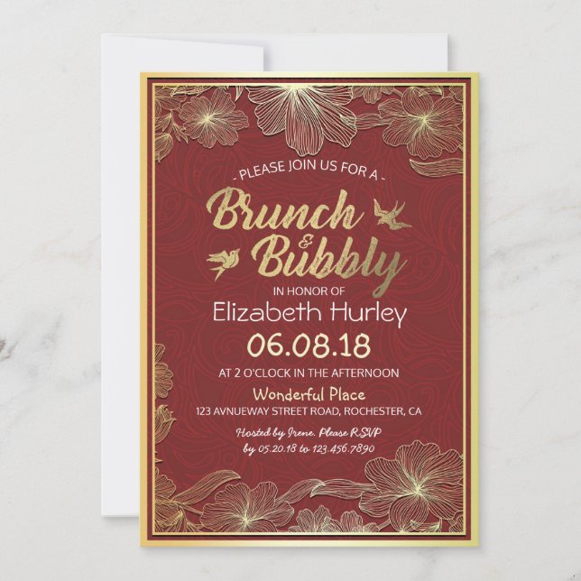 Invitation Chic Red Gold Floral Brunch & Fête des mariées Bub (Devant)
