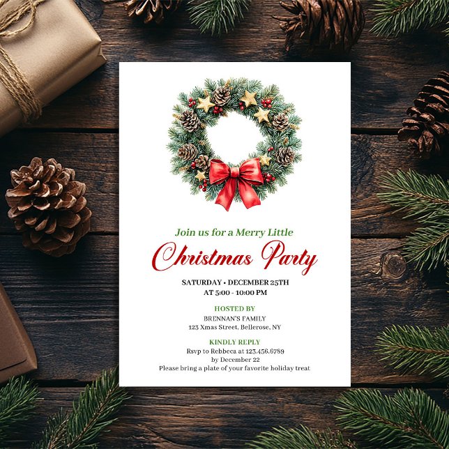 Invitation Chic Red Green Pine Wreath Christmas Party Card (Chic Red Green Pine Wreath Christmas Party Card)