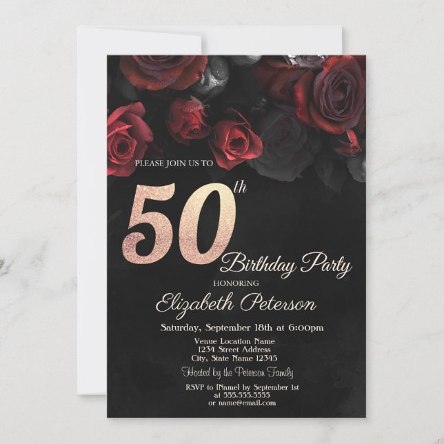 Invitation Chic Red Roses Black 50e anniversaire (Devant)