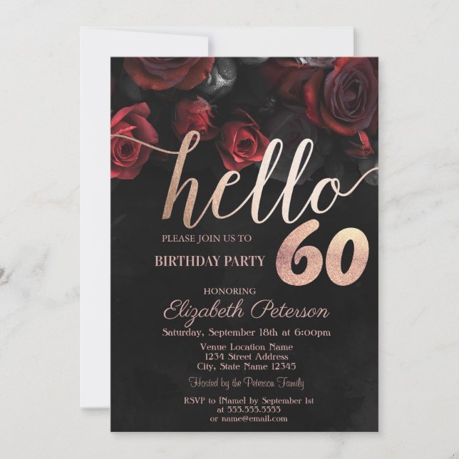 Invitation Chic Red Roses Black 60e fête d'anniversaire (Devant)
