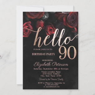 Invitation Chic Red Roses Black 90e fête d'anniversaire