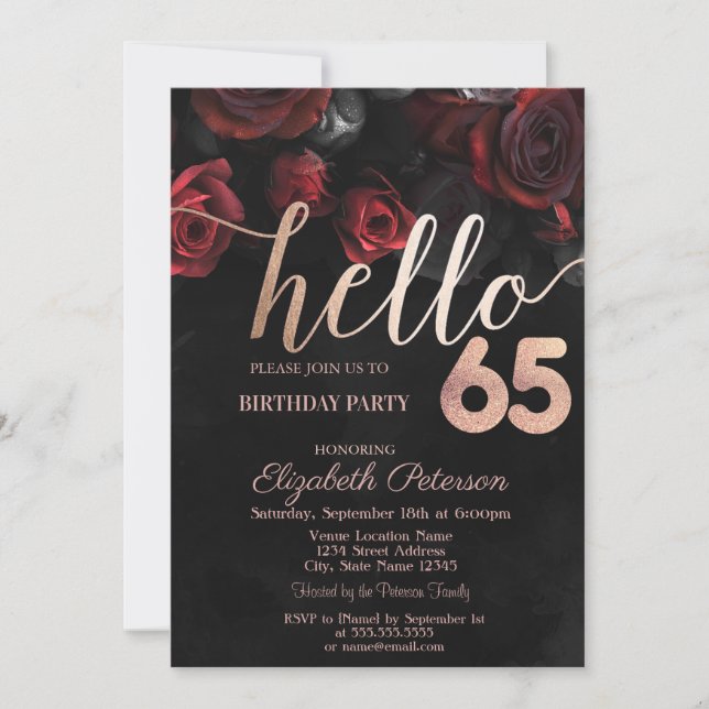 Invitation Chic Red Roses Noir 65e fête d'anniversaire (Devant)