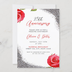 Invitation Chic Red & Silver Parties scintillant 25e annivers