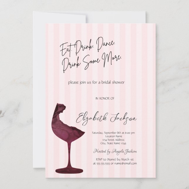 Invitation Chic Red Wine Glass Pink Striped  (Devant)